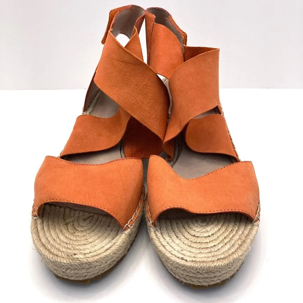 Eileen Fisher Orange Leather‎ Espadrille 'Willow' Wedge Heel Sandals Womens 9.5